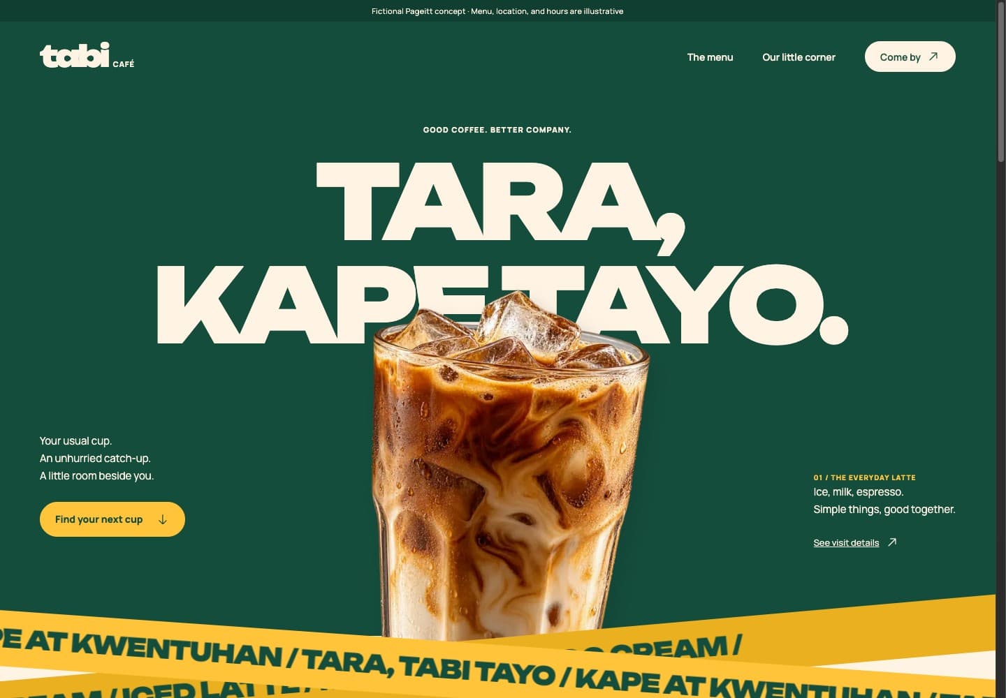 Tabi Café fictional website shown on desktop